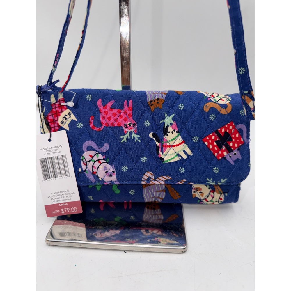 Vera Bradley Wallet Crossbody Catnip Christmas Blue Quilted Cotton Bag NWT